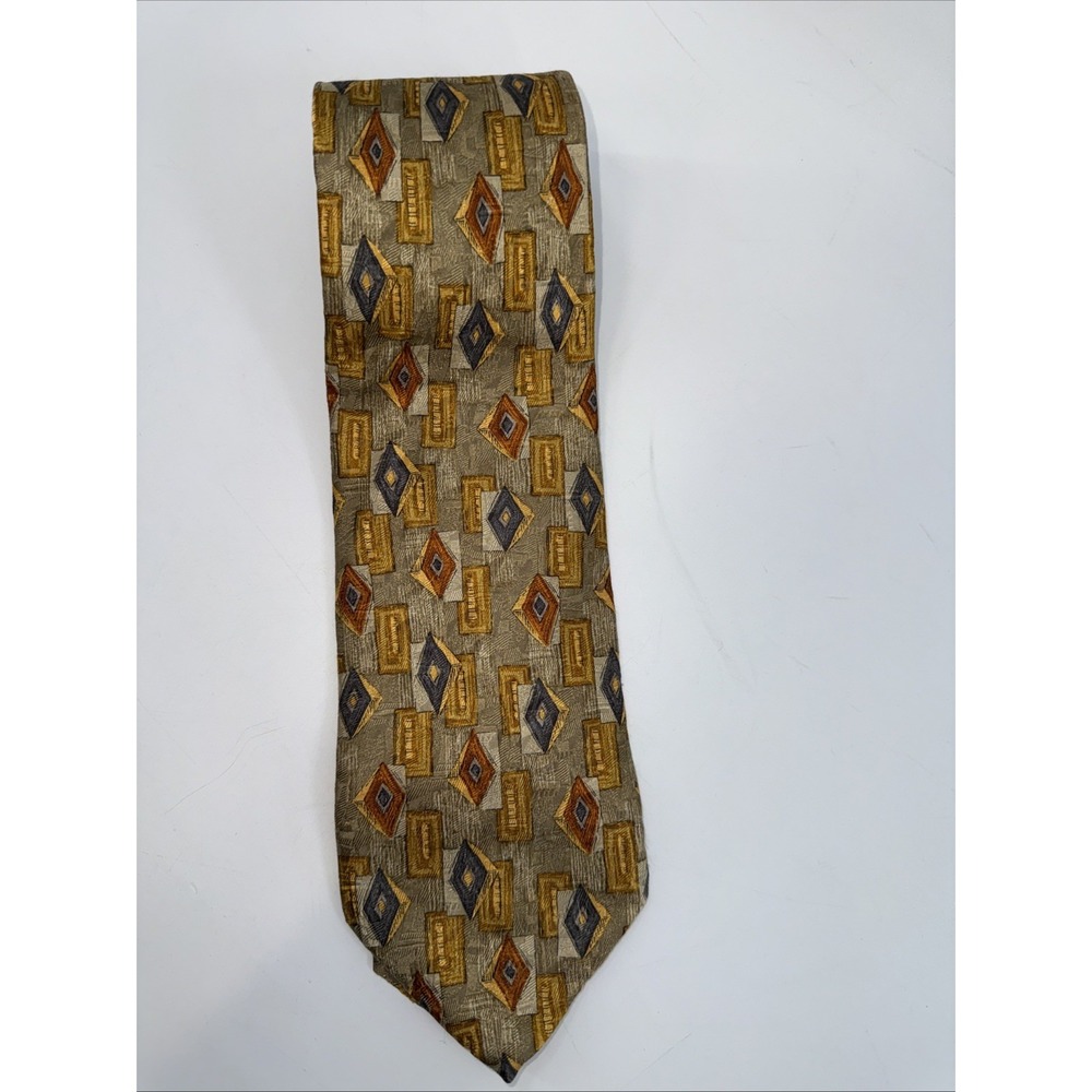 Robert Talbott‎ Studio Silk Tie Olive Green Gold Geometric 3 3/4" Wide 58" Long